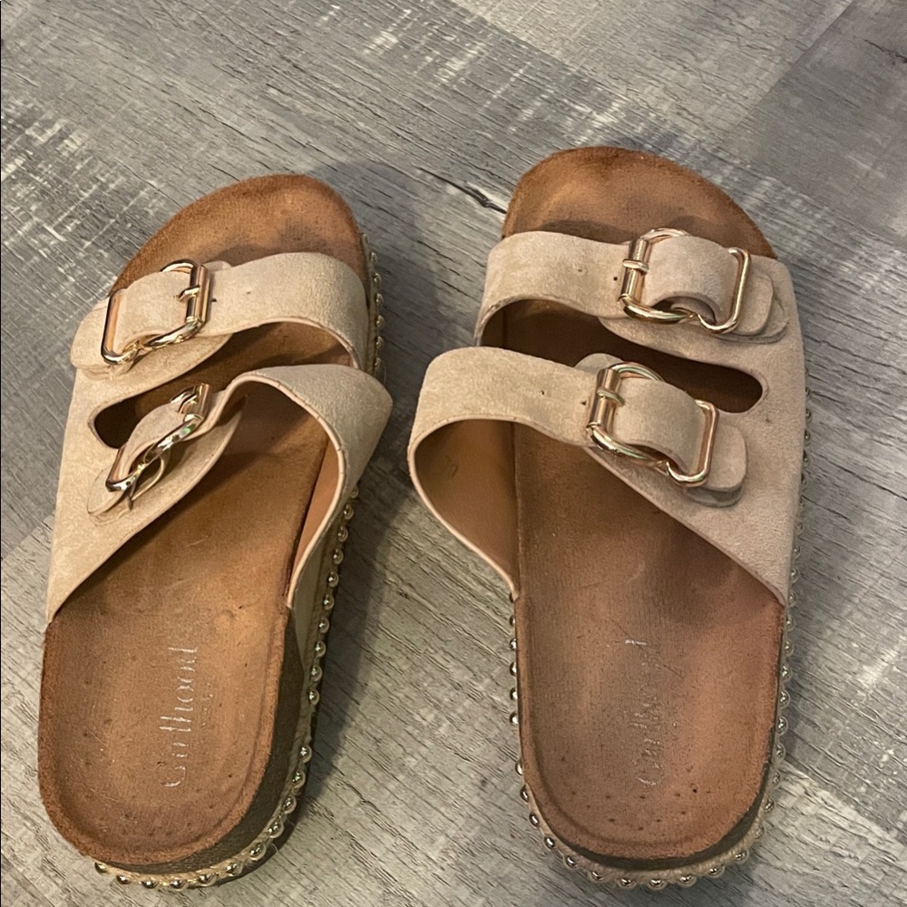 Neutral Suede Dual-Buckle Slide Sandals - Beige